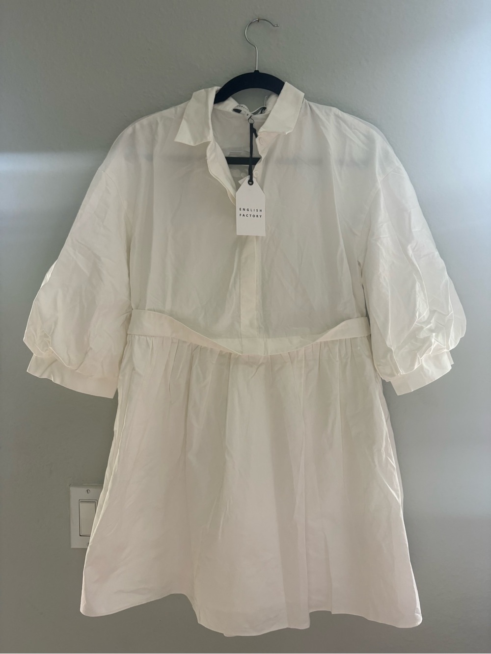 NWT Anthropologie English Factory White Cotton Puff-Sleeve Shirt Dress